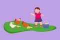 Cartoon flat style drawing pretty little girl feeding chicken at livestock. Cheerful kid farmer feeding rooster, hen and little