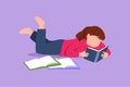 Cartoon flat style drawing pretty little girl is reading book and lying on floor. Kids with pile of books. Source of knowledge. Royalty Free Stock Photo