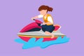 Cartoon flat style drawing pretty little girl riding jet ski at beach. Happy smiling child with rides water scooter on ocean waves Royalty Free Stock Photo