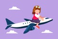 Cartoon flat style drawing pretty little girl riding small toy plane. Happy kids on airplane. Children riding electric toy