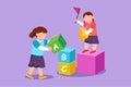 Cartoon flat style drawing pretty two little girls playing blocks cube toys together. Educational toys. Children playing designer Royalty Free Stock Photo