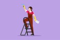 Cartoon flat style drawing pretty woman cleaner standing on ladder, washing with wiper. Cleaning service, cleaning tools, washing