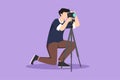 Cartoon flat style drawing professional photographer man kneeling for taking pictures with digital camera and tripod. Digital