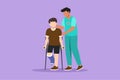 Cartoon flat style drawing rehabilitation center. Little boy patient learning to walk using crutches with help of doctor. Royalty Free Stock Photo