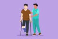 Cartoon flat style drawing of rehabilitation center. Man patient learning to walk using crutches with help of doctor. Royalty Free Stock Photo