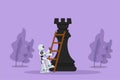 Cartoon flat style drawing robot climb huge rook chess piece with ladder. Strategic or smart move competition. Robotic artificial