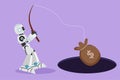 Cartoon flat style drawing robot holding fishing rod got money bag from hole. Business idea for making money. Robotic artificial