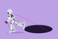 Cartoon flat style drawing robot trying hard pulling rope to drag something from hole, metaphor to facing big problem. Modern