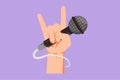 Cartoon flat style drawing rock hand gesture holding microphone with live rock caption logo icon. Rock and roll music live concert