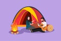 Cartoon flat style drawing romantic Arab couple camping. Camper sitting by campfire next to camp tent, man playing guitar with his