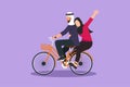 Cartoon flat style drawing romantic Arab couple have fun riding on bike. Happy man and woman cycling with holding hands together.