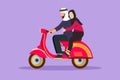 Cartoon flat style drawing romantic Arab couple riding motorcycle. Man driving scooter and woman passenger while hugging. Driving Royalty Free Stock Photo