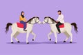 Cartoon flat style drawing romantic Arabian couple in love riding horse together at meadow. Man and woman meet for dating with