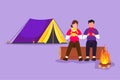 Cartoon flat style drawing romantic couple hikers sitting on log of wood near campfire in forest. Man and woman drinking hot tea,