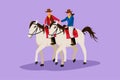 Cartoon flat style drawing of romantic couple riding horses hand in hand at sunset. Happy man making proposal marriage to pretty Royalty Free Stock Photo