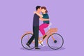 Cartoon flat style drawing romantic couple sitting on bicycle and kissing each other. Love relations, love story, newlywed family