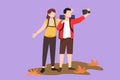 Cartoon flat style drawing romantic couple standing full length trying to take selfie with mobile device in hand. Young man and