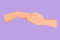 Cartoon flat style drawing of romantic man and woman holding hands each other. Sign or symbol of love, caring, friendship,