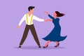 Cartoon flat style drawing of romantic man and woman performing dance at school, studio, party. Male and female characters dancing