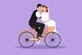 Cartoon flat style drawing romantic married couple riding bicycle. Handsome man and pretty woman in love with wedding dress. Happy Royalty Free Stock Photo