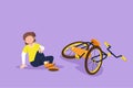 Cartoon flat style drawing sad pretty little girl hurt fallen off the bicycle. Broken bicycle. Kids fallen from bike unhappy