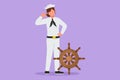 Cartoon flat style drawing sailor woman standing with call me gesture to be part of cruise ship, carrying passengers traveling