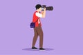 Cartoon flat style drawing side view of man photographer holding photo camera and photographing. Creative profession or occupation