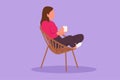 Cartoon flat style drawing side view of relaxed beauty woman sitting in lounge chair, enjoying free time with hot coffee. Tea time Royalty Free Stock Photo