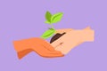 Cartoon flat style drawing side view of two hands holding together a green young plant. Hand holding tree on nature field grass Royalty Free Stock Photo