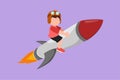 Cartoon flat style drawing smart little boy is sitting on flying rocket. Preschool kid on success. Children sitting on rocket.