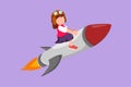 Cartoon flat style drawing smart little girl is sitting on flying rocket. Preschool kid on success. Children sitting on rocket.