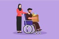 Cartoon flat style drawing social worker helping old man on wheelchair with grocery bag. Arab female volunteer caring, walking Royalty Free Stock Photo