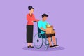 Cartoon flat style drawing social worker helping old man on wheelchair with grocery shopping. Female volunteer caring and walking
