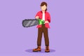 Cartoon flat style drawing strong cute woman worker using chainsaw. Wearing suspender shirt, jeans, and boots. Professional Royalty Free Stock Photo