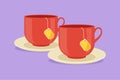 Cartoon flat style drawing stylized cup of tea with teabag and drink coasters icon, flyer, sticker, symbol. Emblem tea shop logo Royalty Free Stock Photo