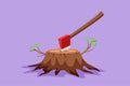 Cartoon flat style drawing stylized hatchet in a tree stump. Tree stump with an axe stuck. Forest, camping concept. Axe in stuck