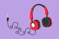 Cartoon flat style drawing of stylized headphones with music gadget and note. Audio headphone outline sketch with musical notes. Royalty Free Stock Photo