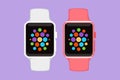 Cartoon flat style drawing stylized smart watch device display with app icons. Smart watch wearable technology template, logo, Royalty Free Stock Photo
