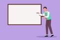 Cartoon flat style drawing successful business man teacher standing in front of the white board, holding book and writing business Royalty Free Stock Photo