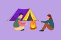Cartoon flat style drawing of traveling romantic couple active recreation camping around campfire tents. Young man and beautiful