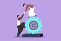 Cartoon flat style drawing two Arab businessmen helping each other on top of cog. Teamwork people help each other trust assistance