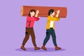 Cartoon flat style drawing two beautiful woman lumberjack laborers carrying heavy wooden log on shoulders. Strong female