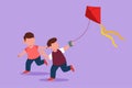 Cartoon flat style drawing two boy playing to fly kite up into the sky at outdoor field. Kid playing kite in playground. Children Royalty Free Stock Photo