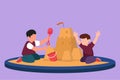 Cartoon flat style drawing two cute little boys build sandcastle together. Children sitting on sandbox and playing with sand Royalty Free Stock Photo