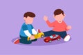 Cartoon flat style drawing two cute little boys playing with their toys cars. Adorable boy shows his toys to his friend. Happy