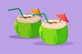 Cartoon flat style drawing two green coconuts with drinking straw. For flyer, sticker, card, logo, symbol. Relieves thirst and