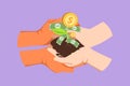 Cartoon flat style drawing two hands holding money tree together. Hand of businessman who pours money tree. Concept of earnings, Royalty Free Stock Photo