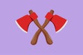 Cartoon flat style drawing two lumberjack axes crossed icon. Crossed axe isolated on blue background. Design element for logo,