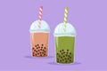 Cartoon flat style drawing two plastic cup of famous Taiwanese sweet bubble tea. Take away glass with sticker of pearl milk tea.