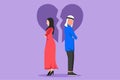 Cartoon flat style drawing unhappy Arab couple standing arms crossed. Family conflict. Break up relationship. Married man and